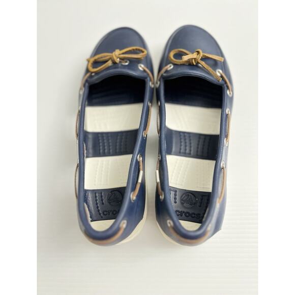 Crocs Beach Nautical Line Boat Navy White Slip On Loafer Leather Laces Sz 8 - Picture 1 of 6